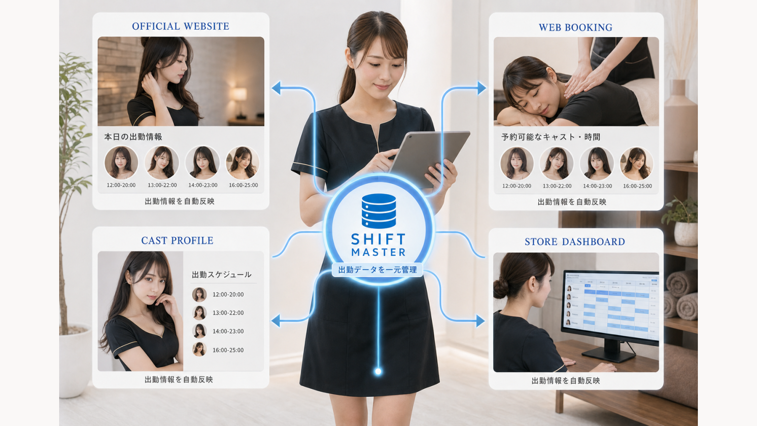 一度登録したキャスト出勤情報を公式HP・予約・店舗管理へ反映する図