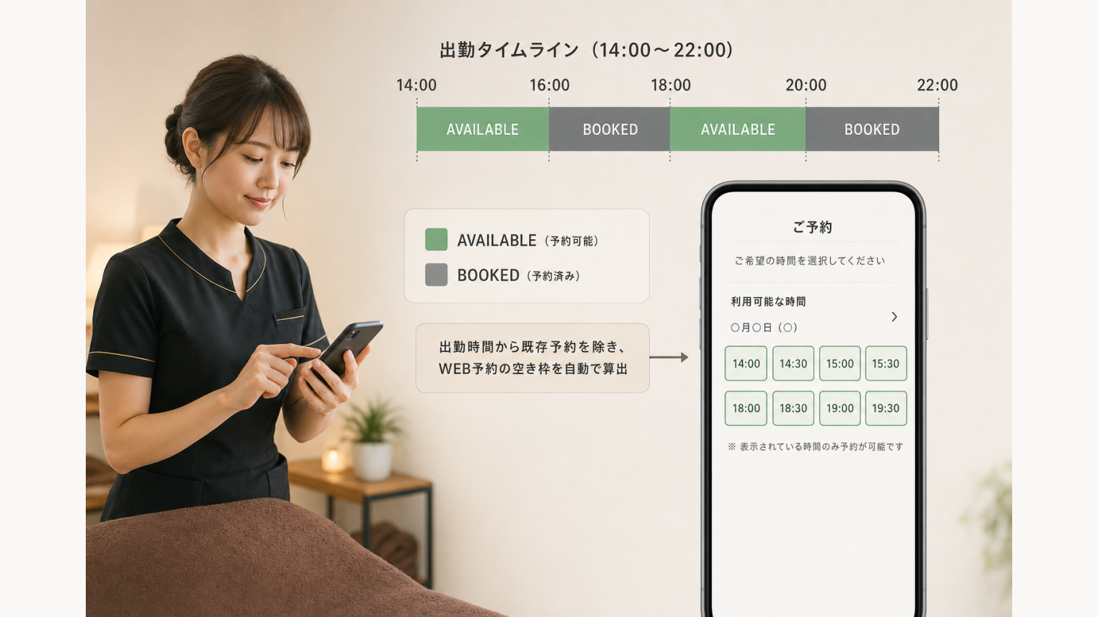 出勤時間から既存予約を除きWEB予約の空き枠を算出するタイムライン