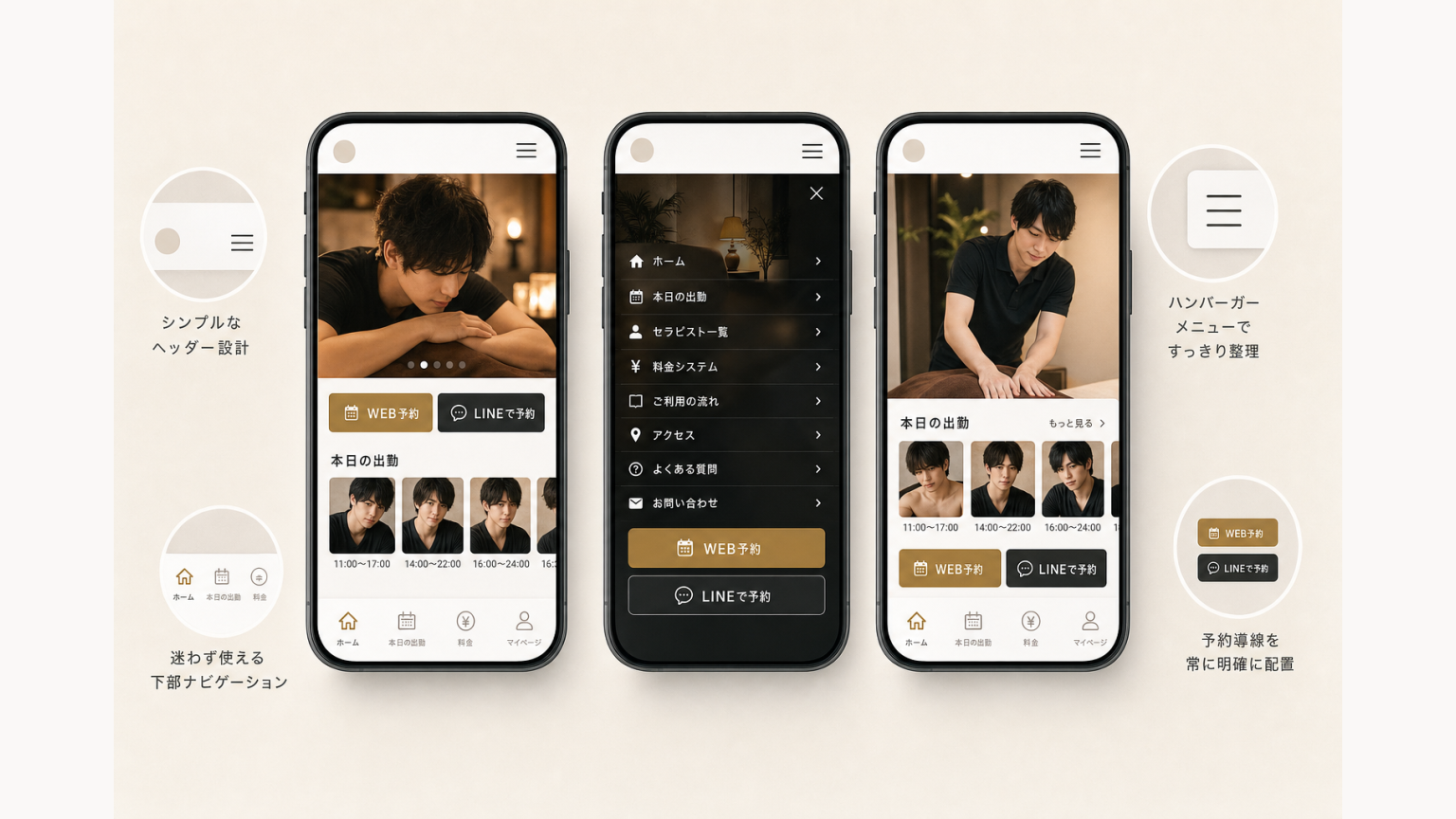 スマートフォン店舗サイトのハンバーガーメニュー・主要CTA・下部ナビゲーションを整理した例