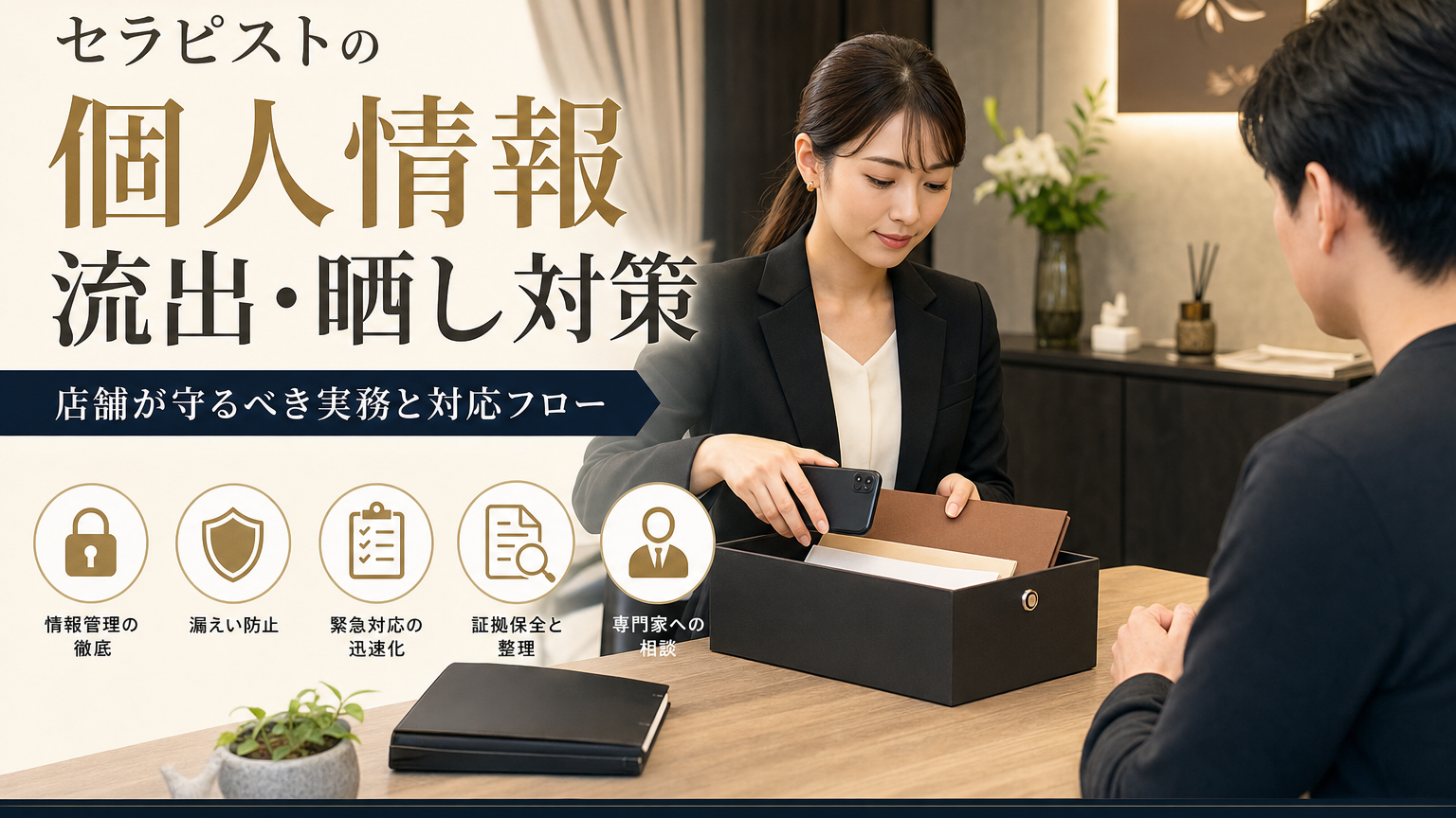 メンズエステ店舗で女性セラピストの個人情報を安全に管理する店舗責任者のイメージ