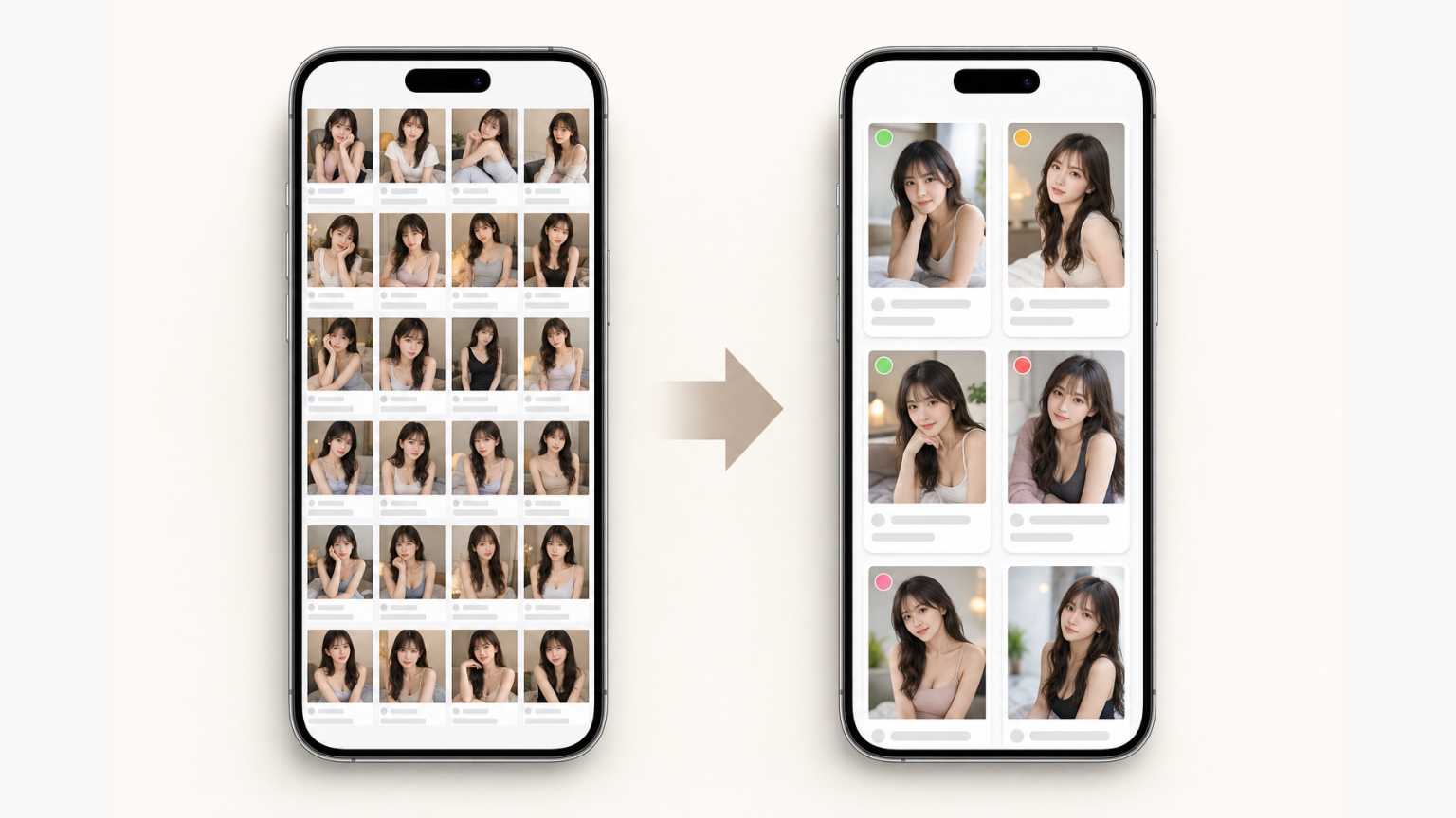スマートフォンで見やすいプロフィールカード一覧と詰め込みすぎた一覧の比較