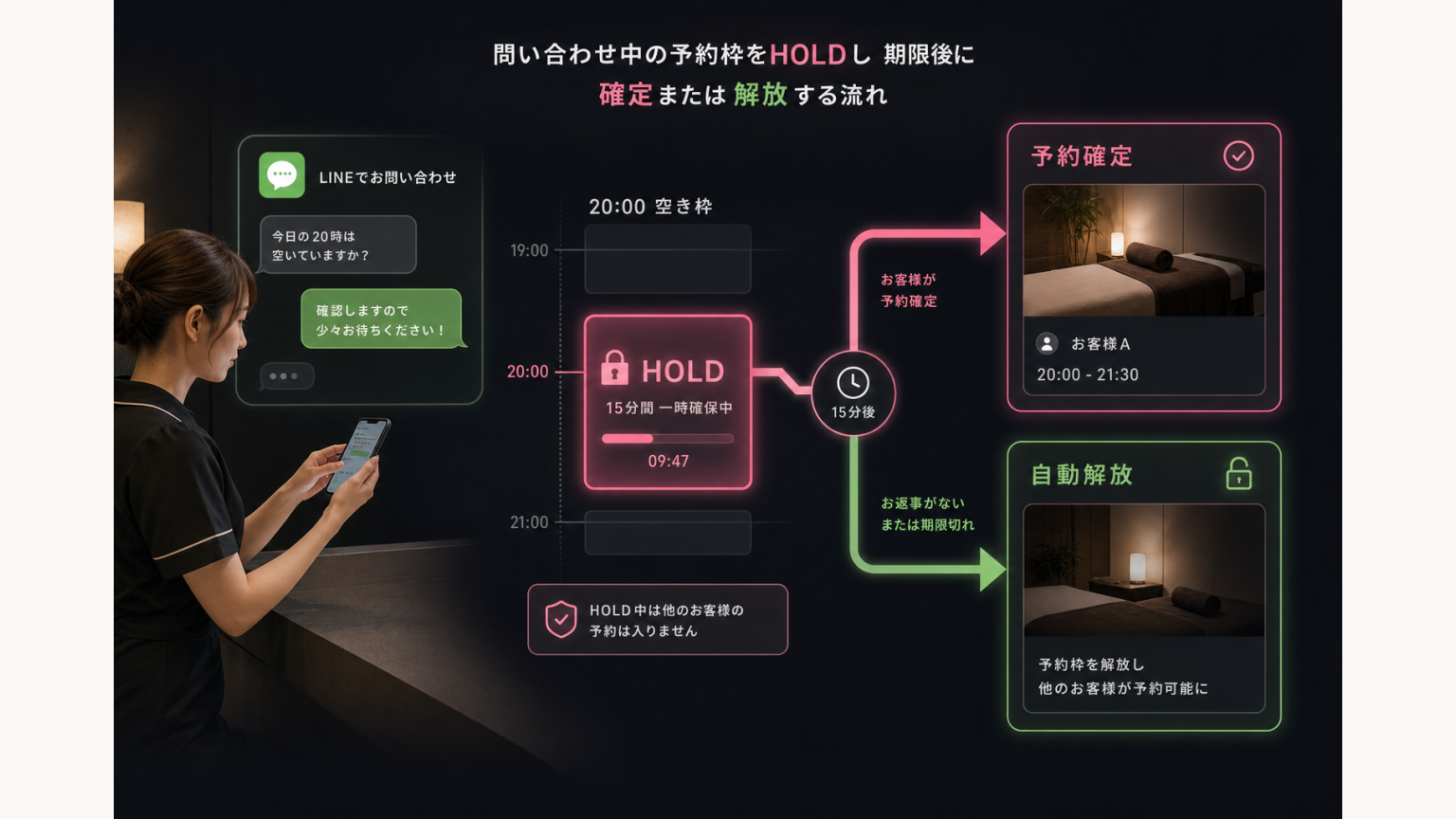 問い合わせ中の予約枠をHOLDし期限後に確定または解放する流れ