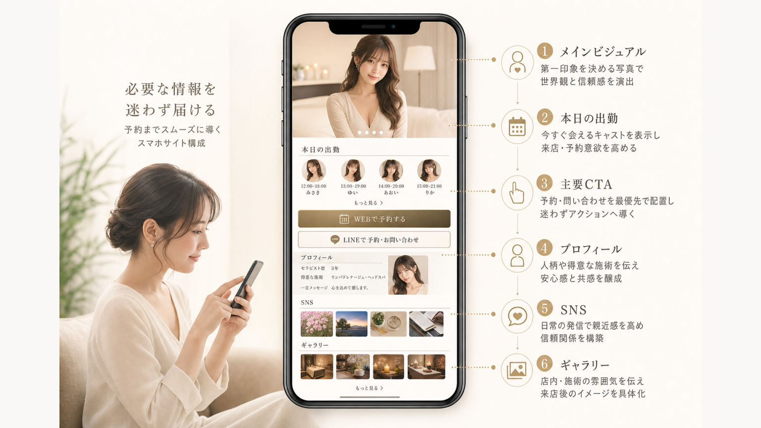 スマートフォンのプロフィール詳細ページを写真・出勤・予約・プロフィール・SNSの順に整理した構成