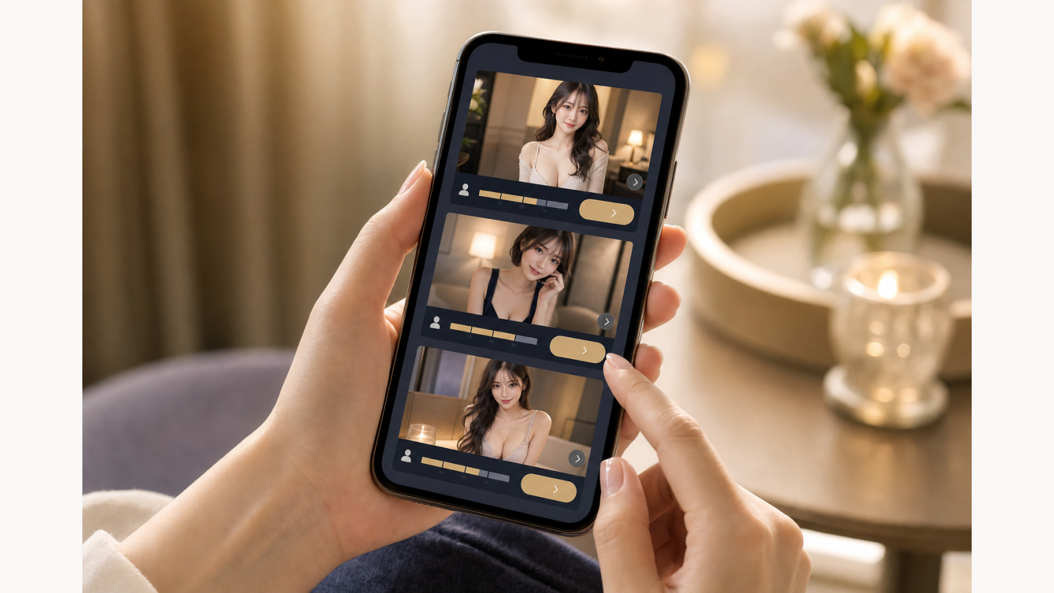 スマートフォンで本日の出勤を写真・名前・時間・予約導線と一緒に表示するUI