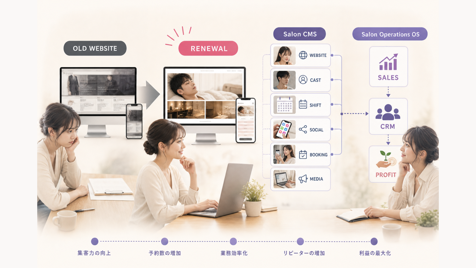 古いHPからSalon CMSへリニューアルしキャスト・出勤・SNS・予約・媒体・SOへ拡張する構造