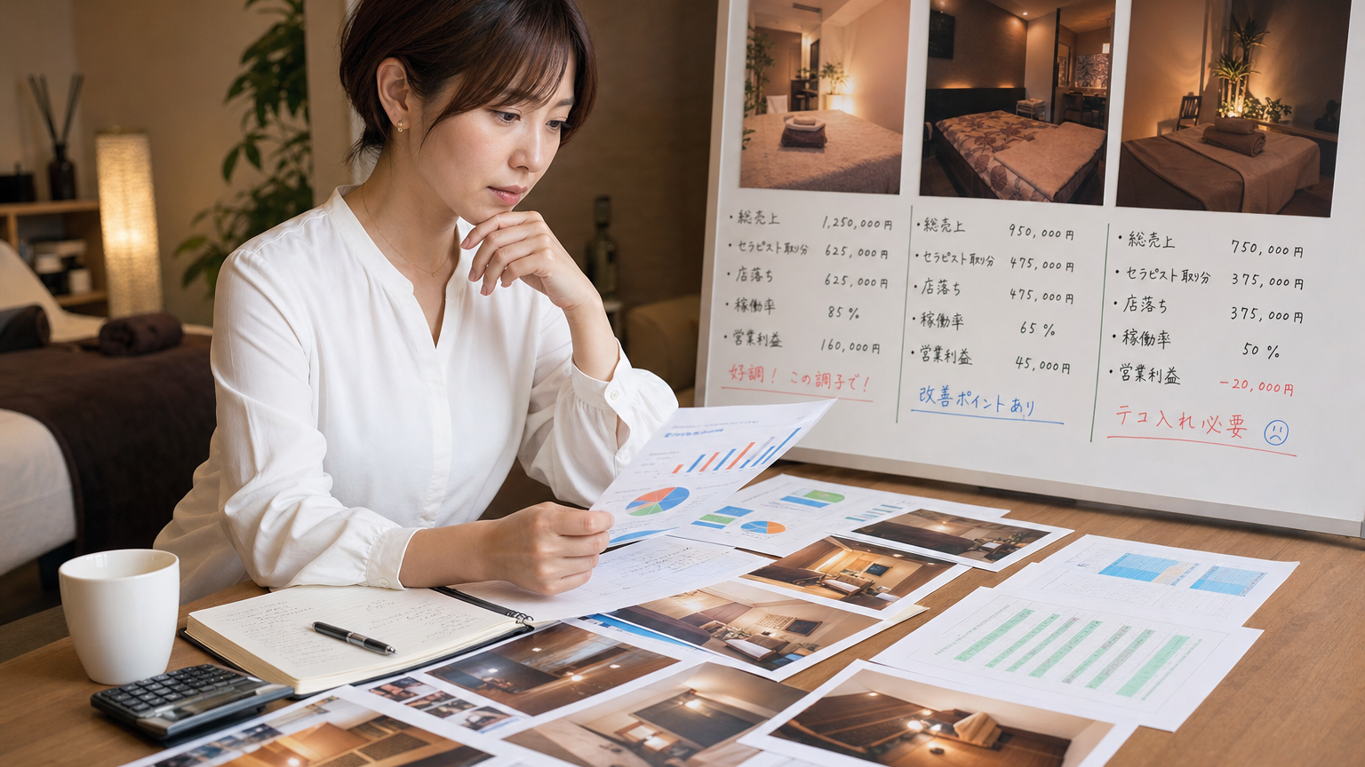 複数のメンズエステ店舗の利益を比較する経営者