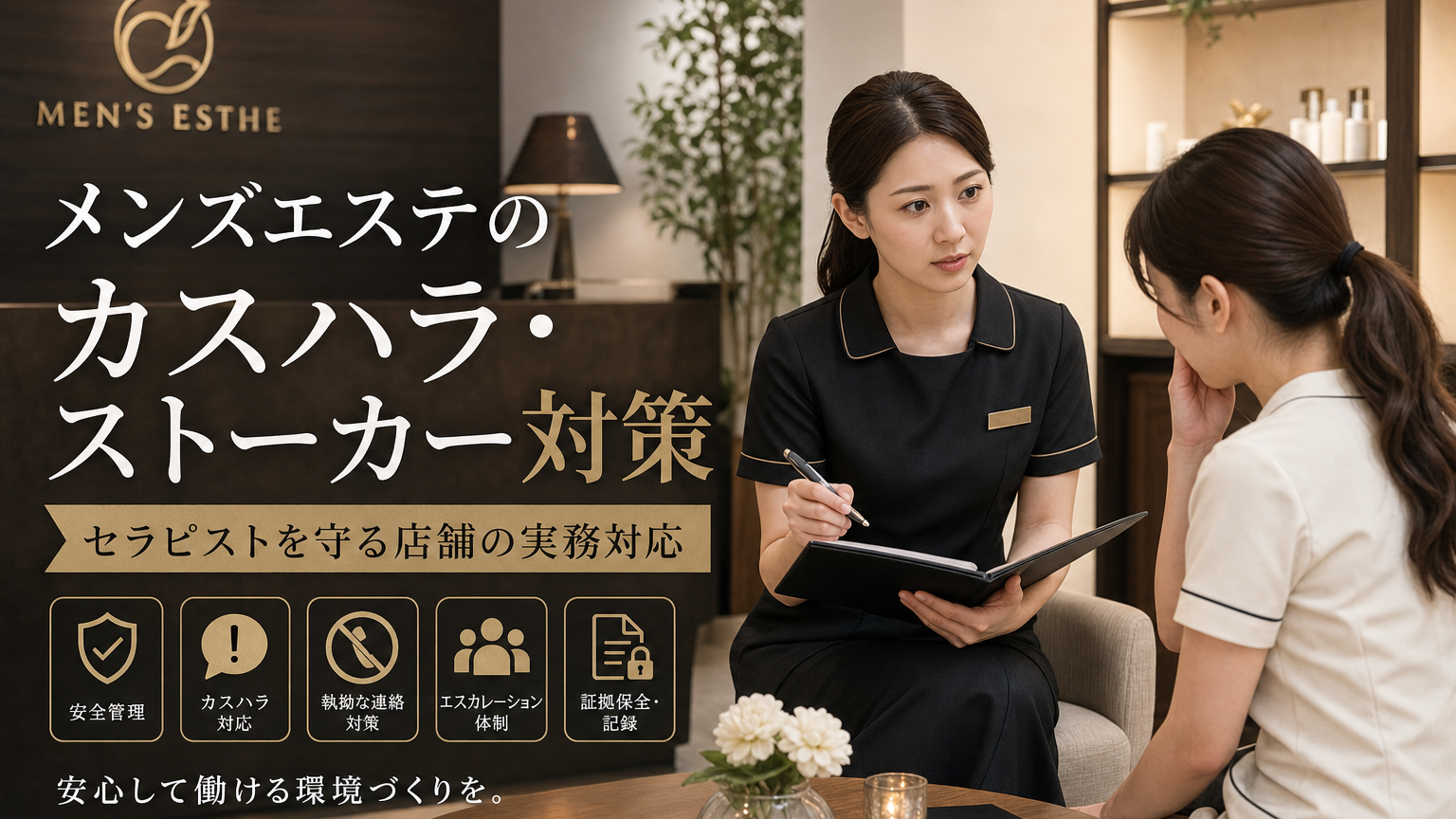メンズエステ店舗でカスハラやストーカー等の顧客トラブルから女性セラピストを守るイメージ