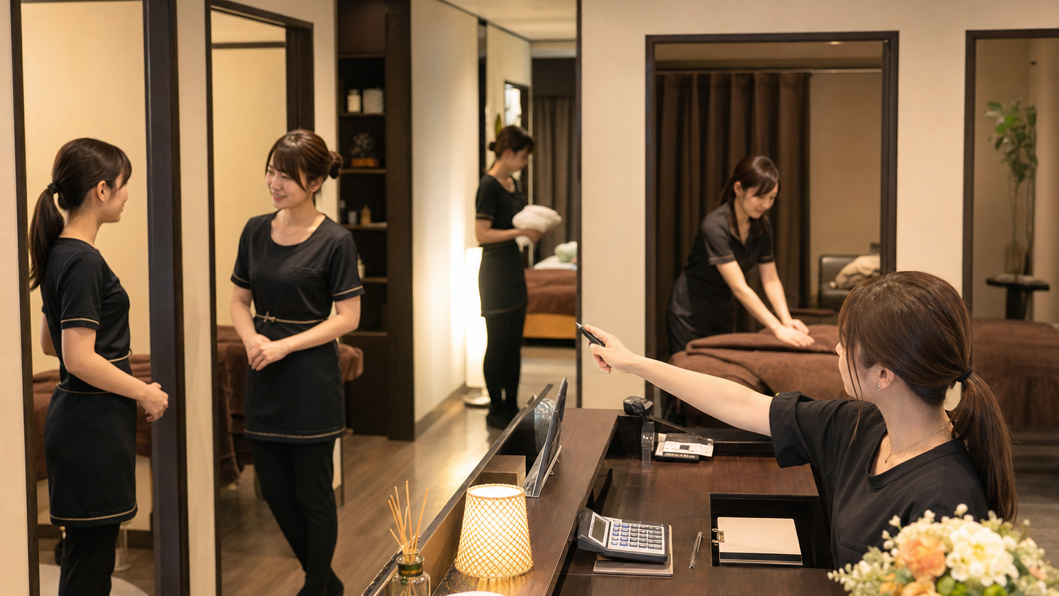 複数の女性セラピストと複数ルームの空きを同時に管理するメンズエステ店舗