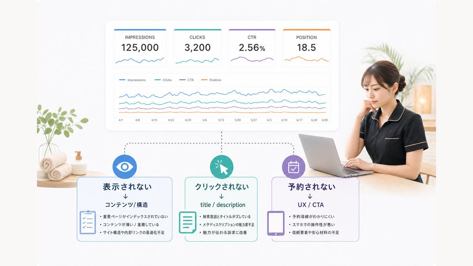 メンズエステHPリニューアル前にSearch Consoleで表示・クリック・CTR・順位を診断する図