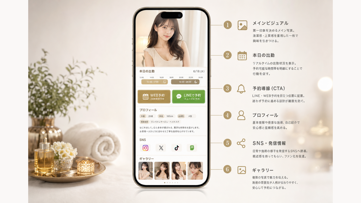 スマートフォンのプロフィール詳細ページを写真・出勤・予約・プロフィール・SNSの順に整理した構成