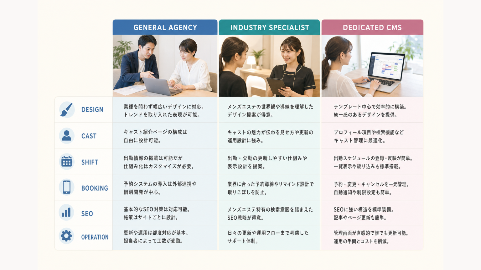 一般制作会社・メンズエステ特化制作会社・専用CMSの特徴を比較する図