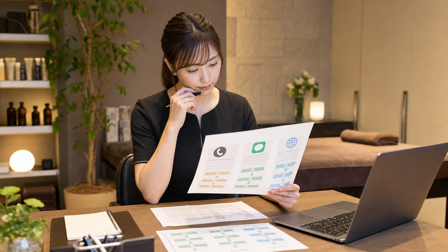 電話・LINE・WEB別に仮予約から予約確定までの結果を分析する店舗経営イメージ