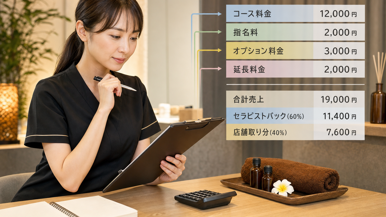 メンズエステの売上をコース・指名・オプション・延長・セラピスト取り分・店落ちに分ける精算イメージ