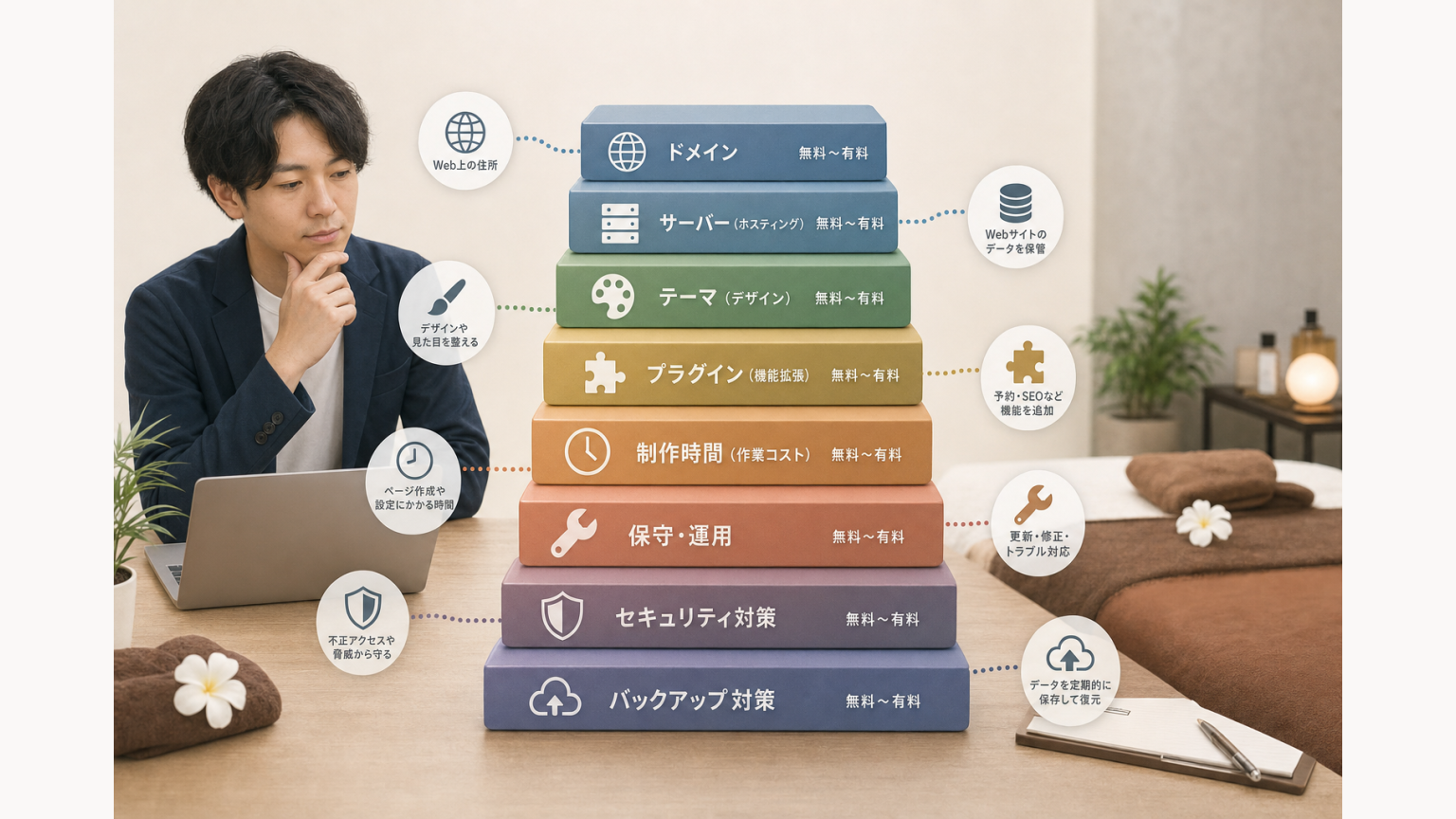 メンズエステのWordPressホームページで発生する費用要素を積み上げた図
